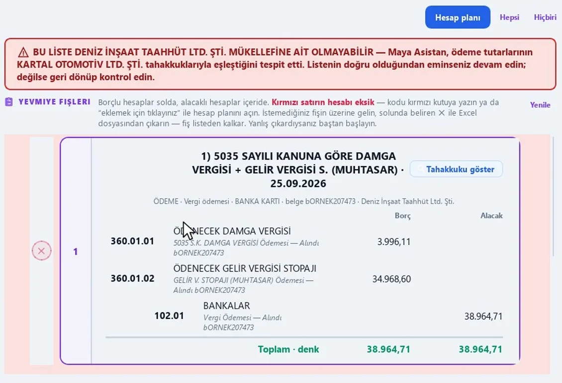Ödeme Yevmiye Kaydı — listenin başka bir mükellefe ait olabileceğini bildiren kırmızı uyarı (örnek veri)