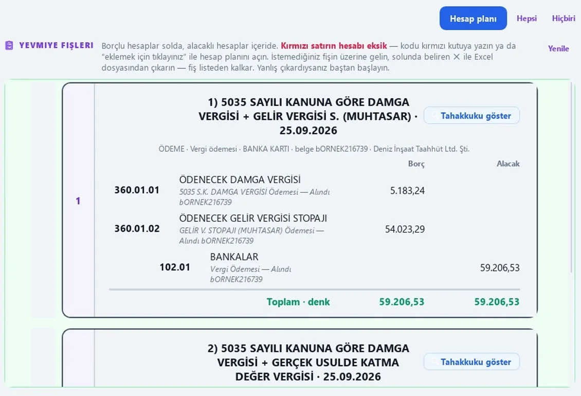 Ödeme Yevmiye Kaydı önizlemesi — vergi ödemesinin borç ve alacak satırları