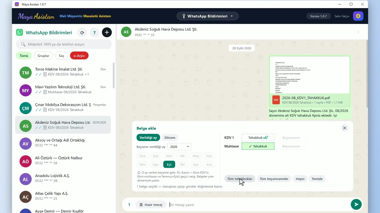 WhatsApp Bildirimleri — mükellefe gönderilen tahakkuk belgesi (örnek veri)