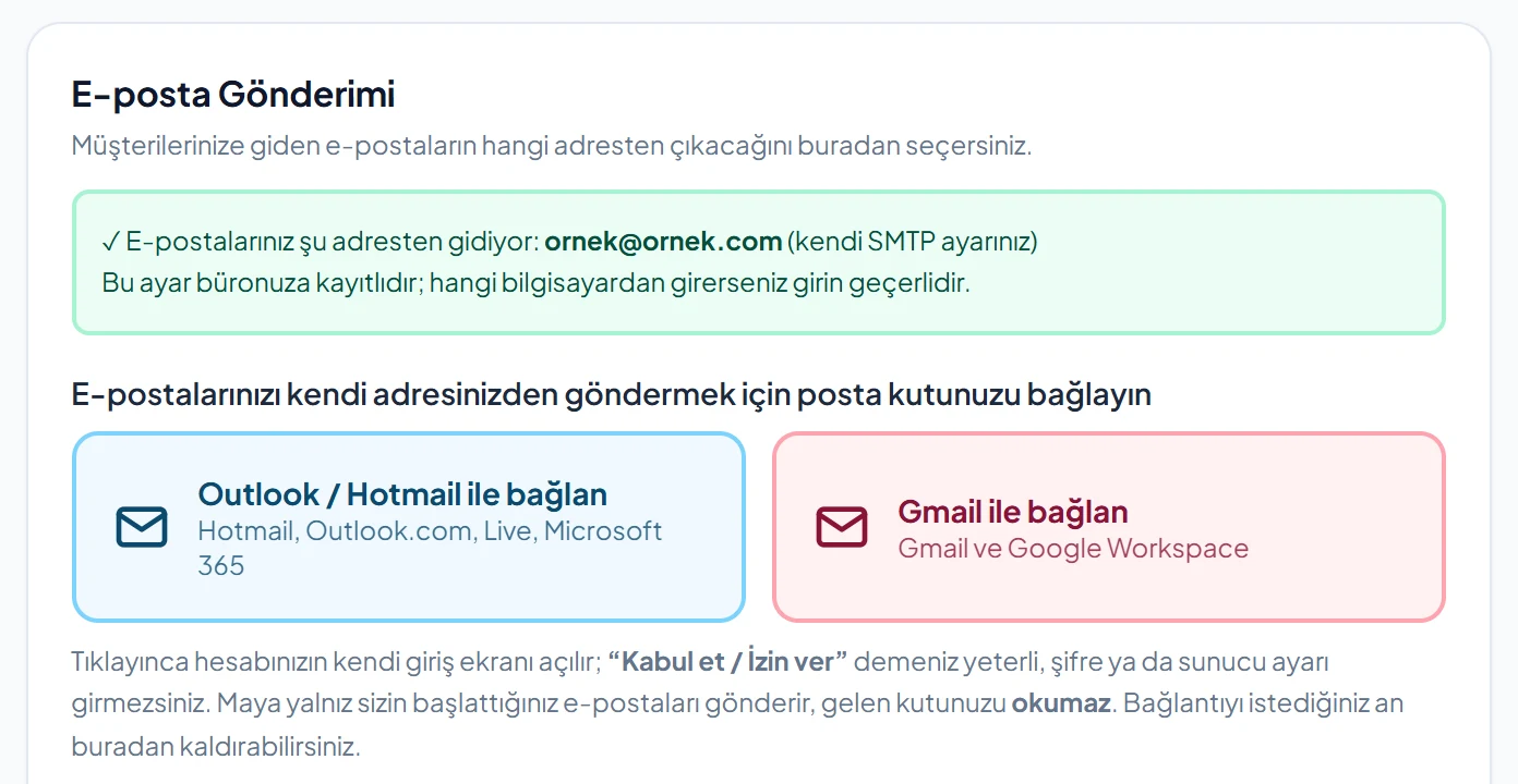 Bildirim Ayarları — Gmail ile bağlan ve Outlook / Hotmail ile bağlan düğmeleri